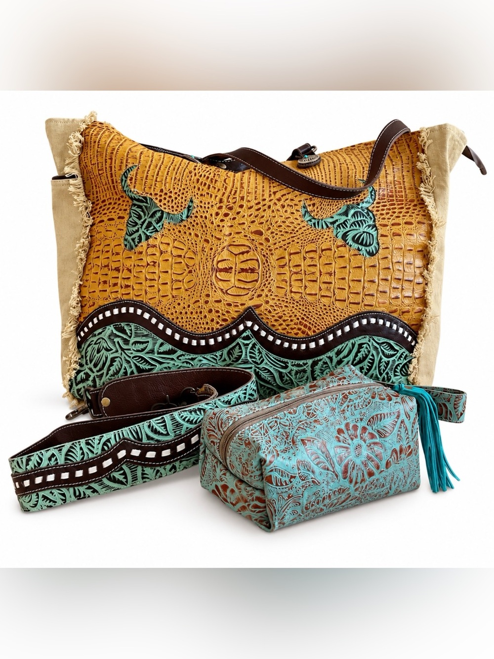 Myra Embossed Leather Weekend Tote Set/Matching Toiletry Pouch